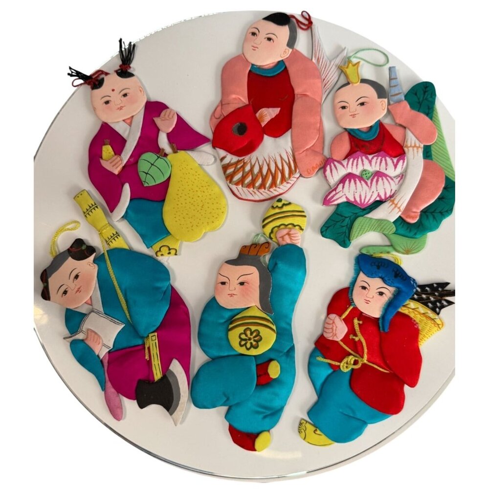 Set Of 6 Vintage Chinese Silk & Cardboard Ornaments Folk Figures 6" No Box - Picture 9 of 9